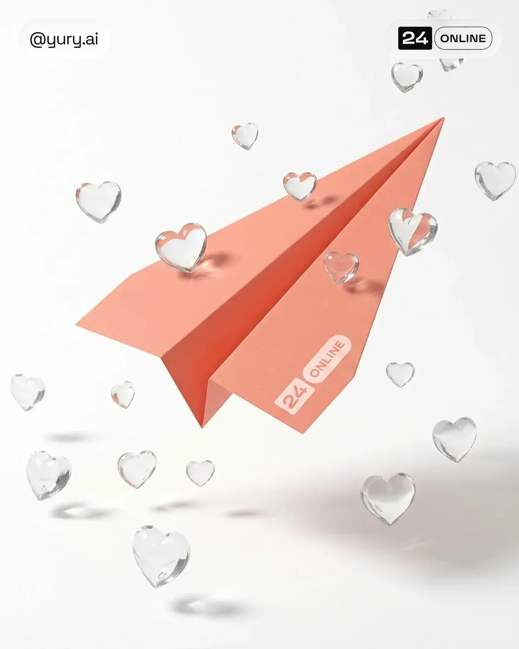 A single paper airplane folded from matte, pastel coral paper,