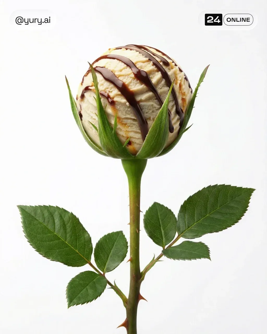 A single realistic rose stem with fresh green sepals tightly
