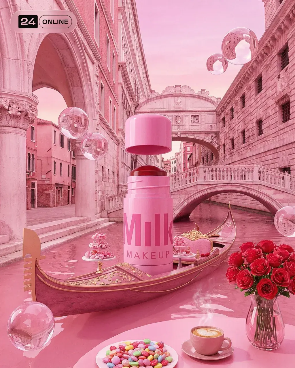 Surreal scene in pink tones. Architectural elements inspired by an