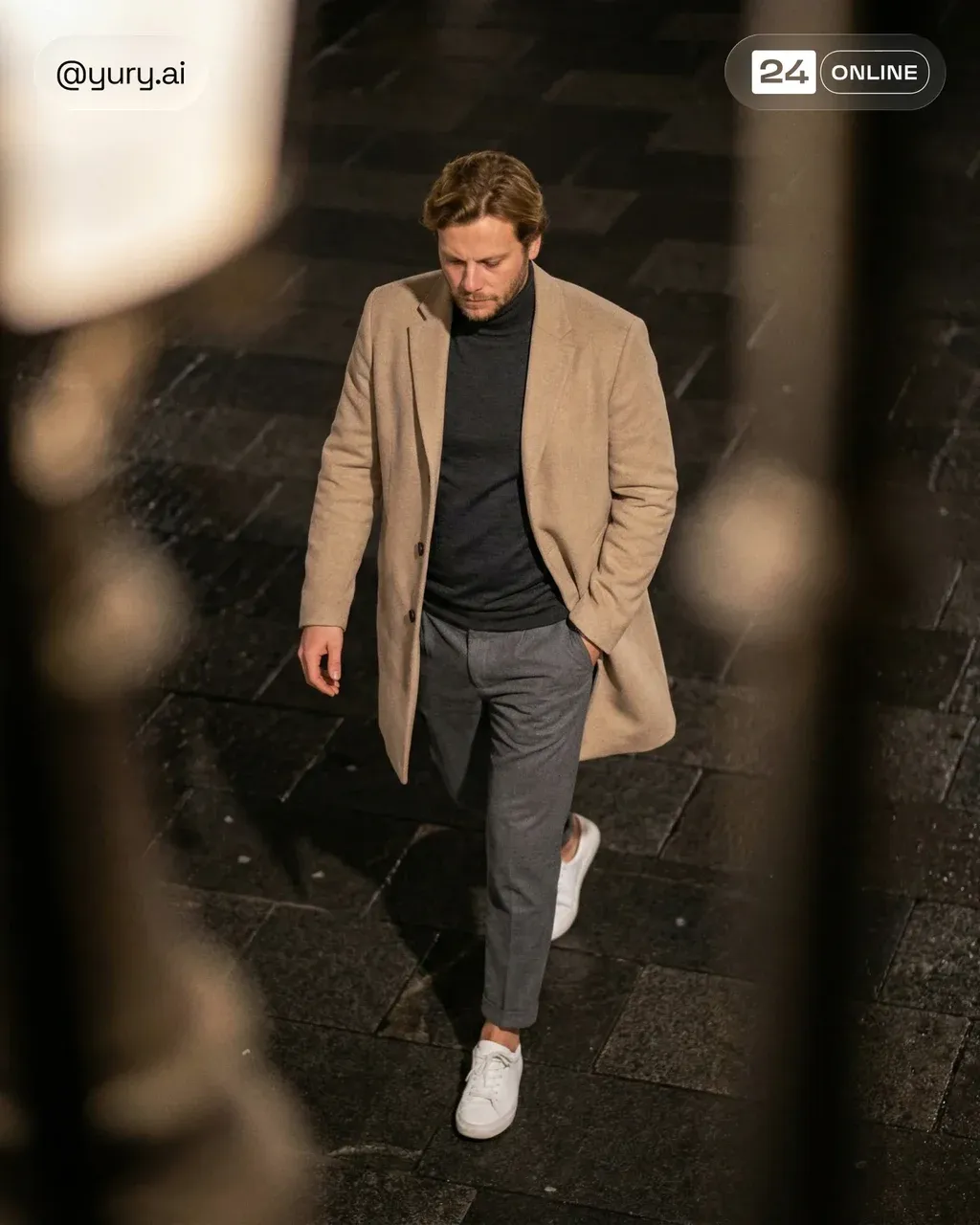 A full-body shot of me walking forward on a dark