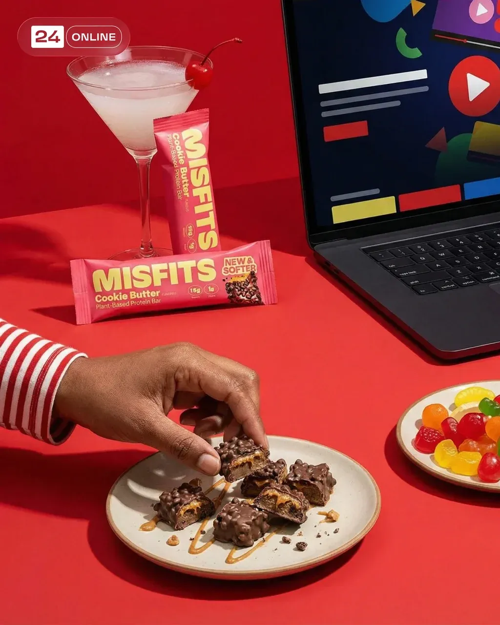 Ultra-realistic lifestyle editorial product photo on a bold matte red