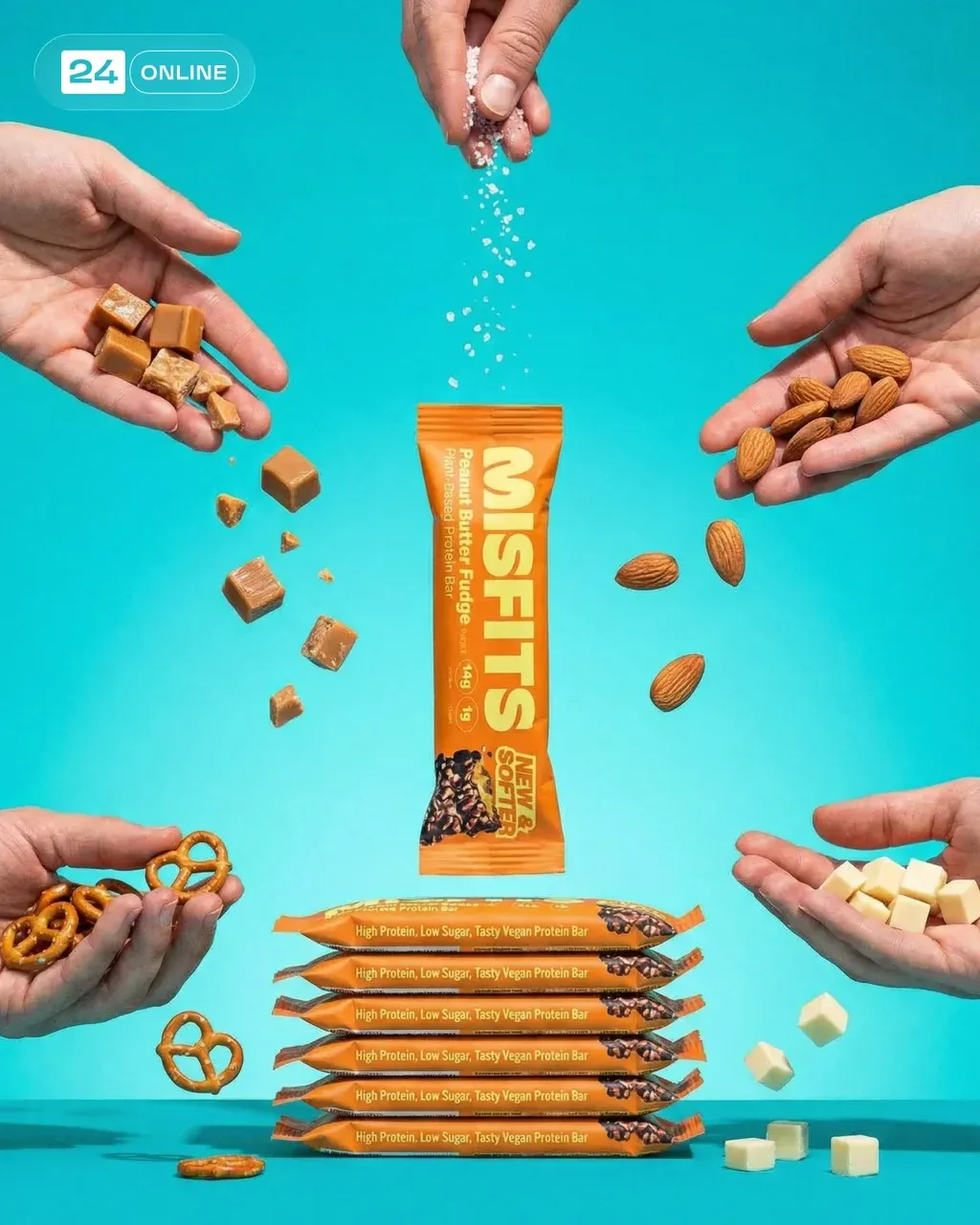 Ultra-realistic studio product photo on a solid vibrant turquoise backdrop