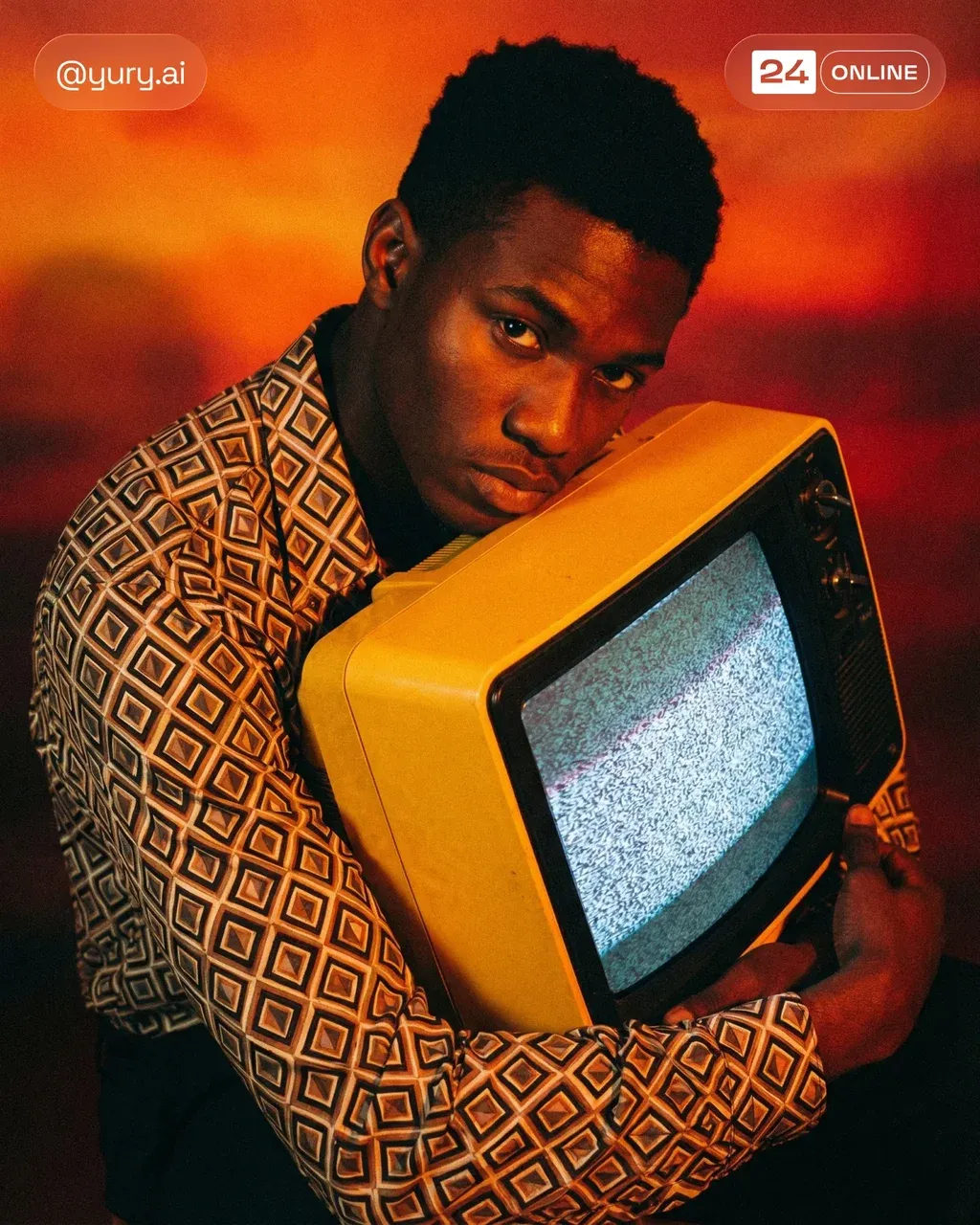 Young Black man in a patterned shirt hugging a chunky