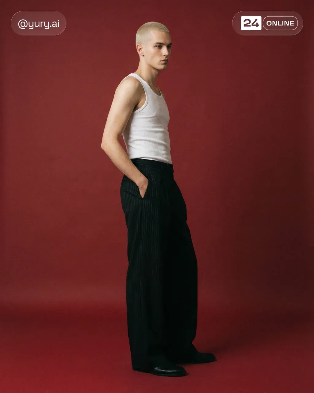 Androgynous fashion model with bleached buzzcut wearing a fitted white
