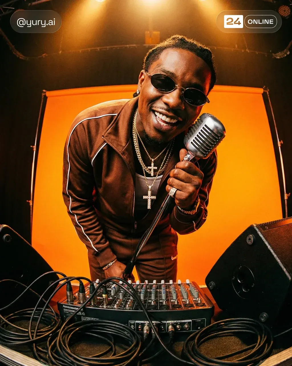 Charismatic male performer leaning toward the camera holding a microphone,