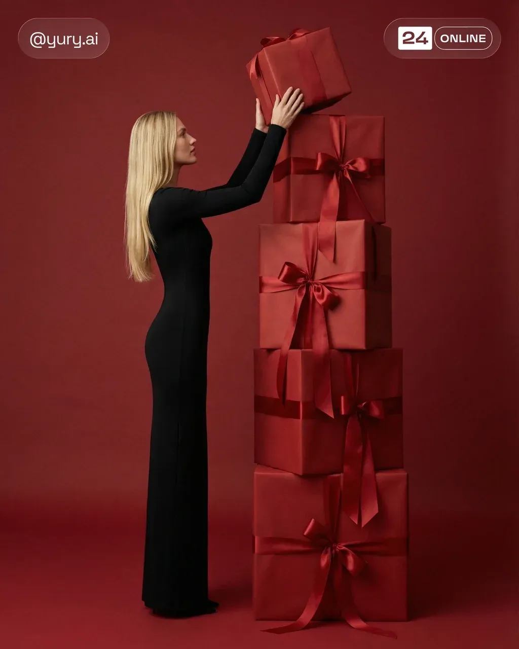 Editorial fashion photograph with a monochromatic deep red backdrop and