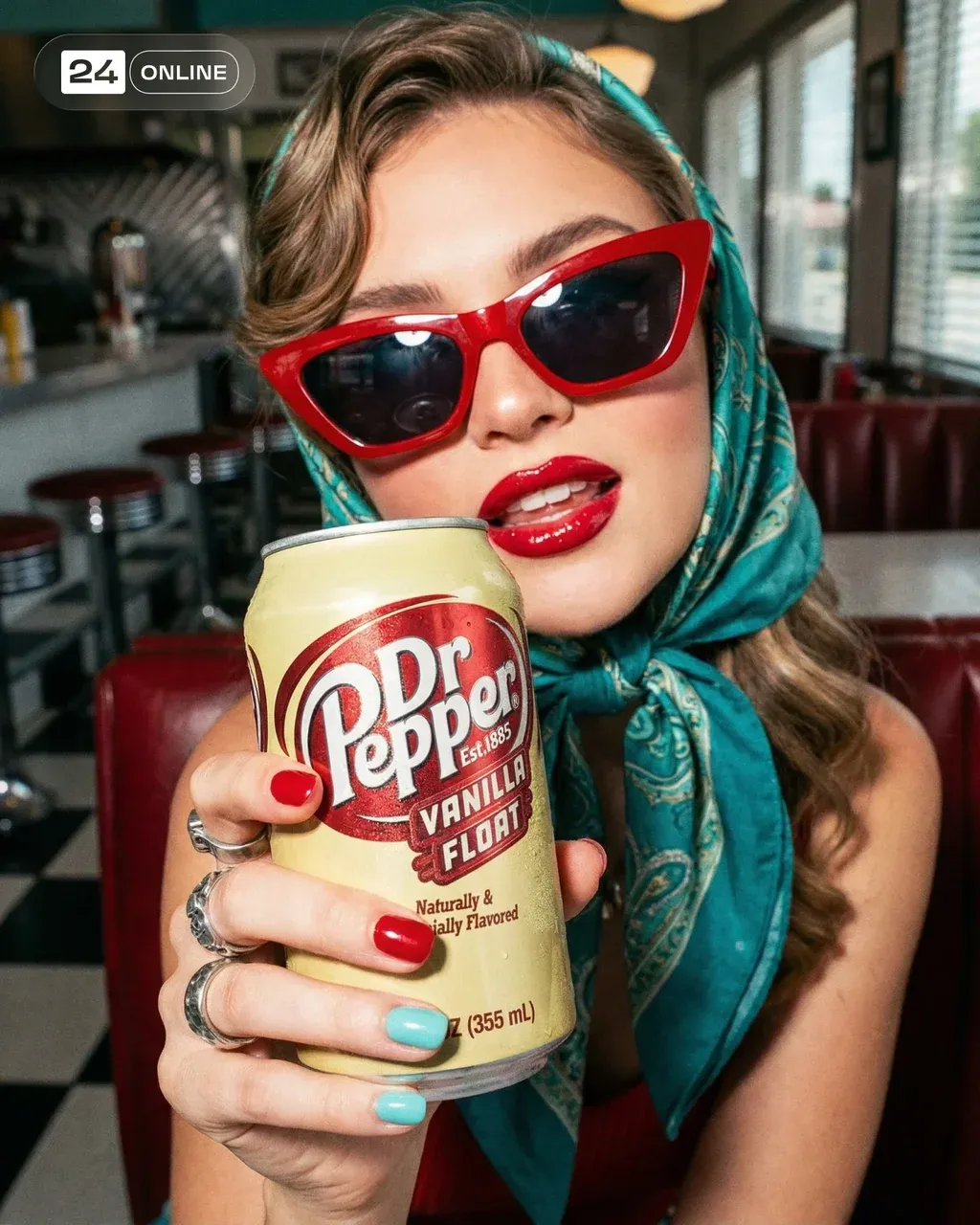 Retro-inspired editorial close-up beverage campaign set in a vintage diner