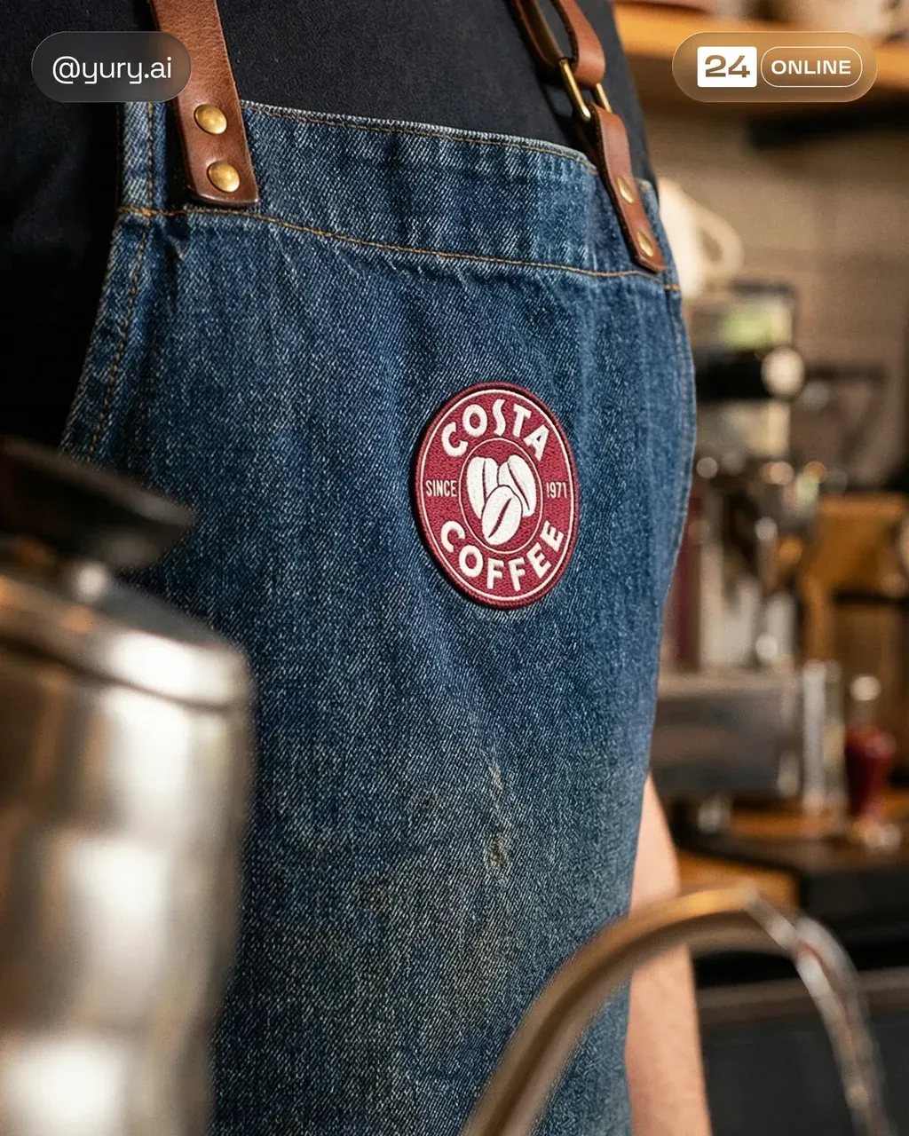 A close-up shot of a barista wearing a dark denim