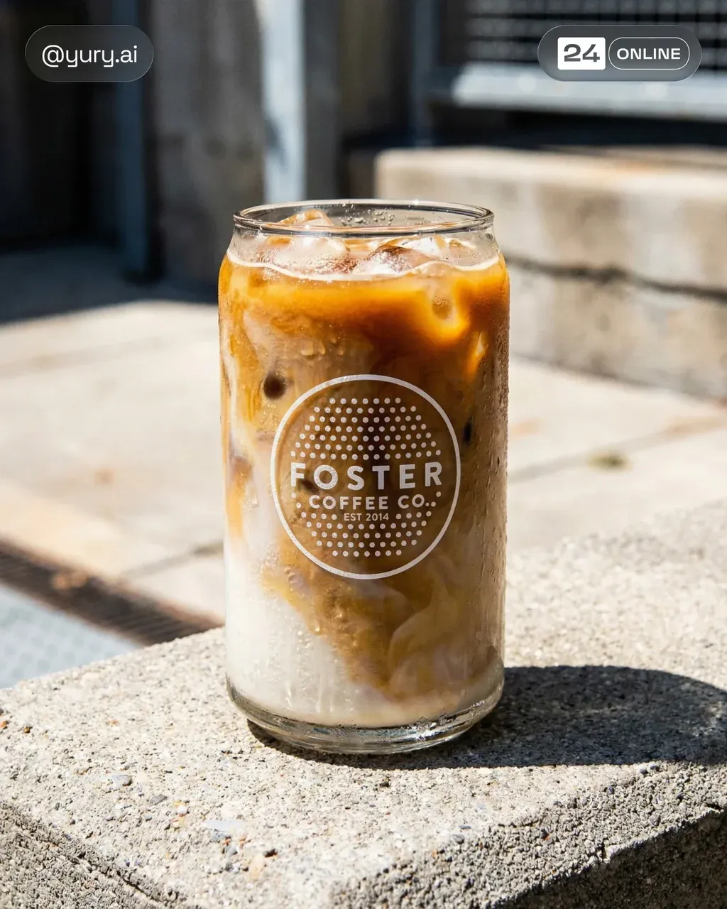 A tall glass of iced latte with clearly visible swirling