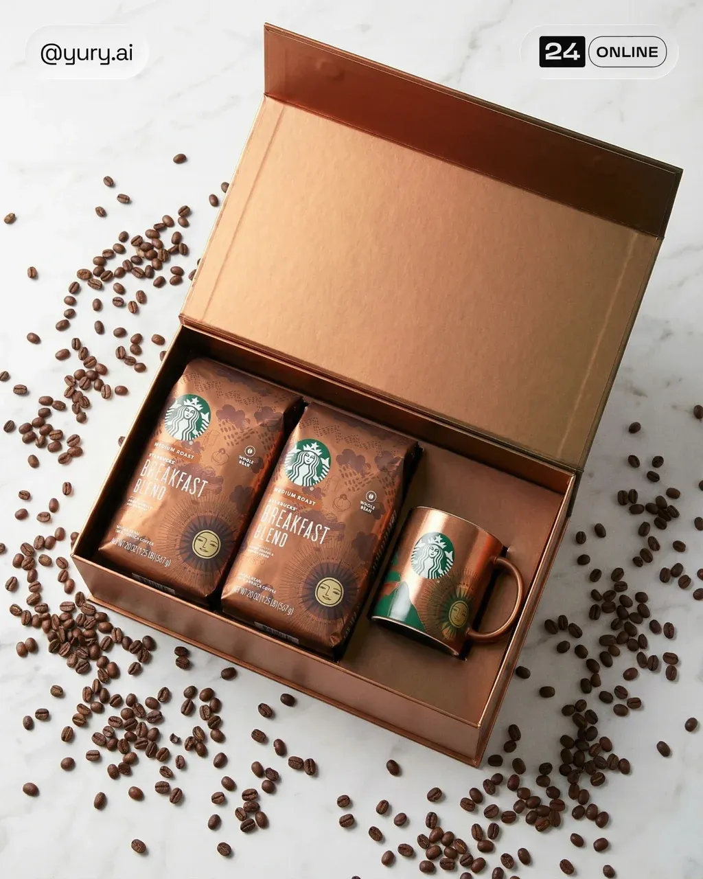 An open luxury cardboard box containing two coffee bags and