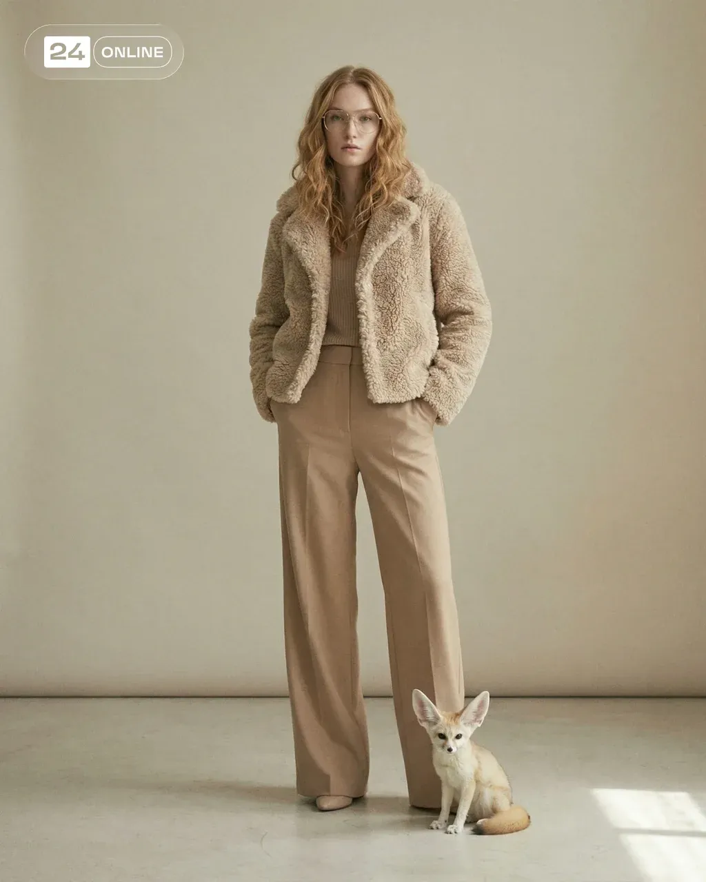 Full body fashion shot, a model with shoulder-length wavy honey-blonde
