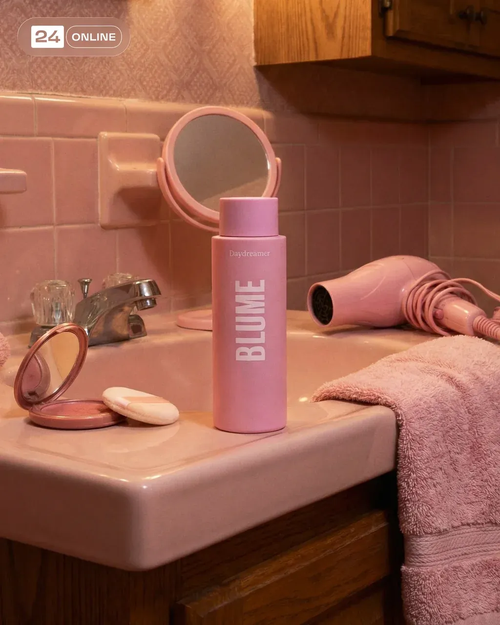 Editorial beauty campaign featuring a realistic matte glass skincare retinol