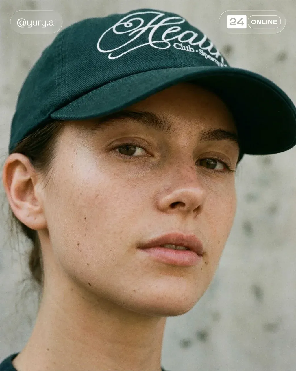 Close-up editorial beauty portrait of a young woman wearing a