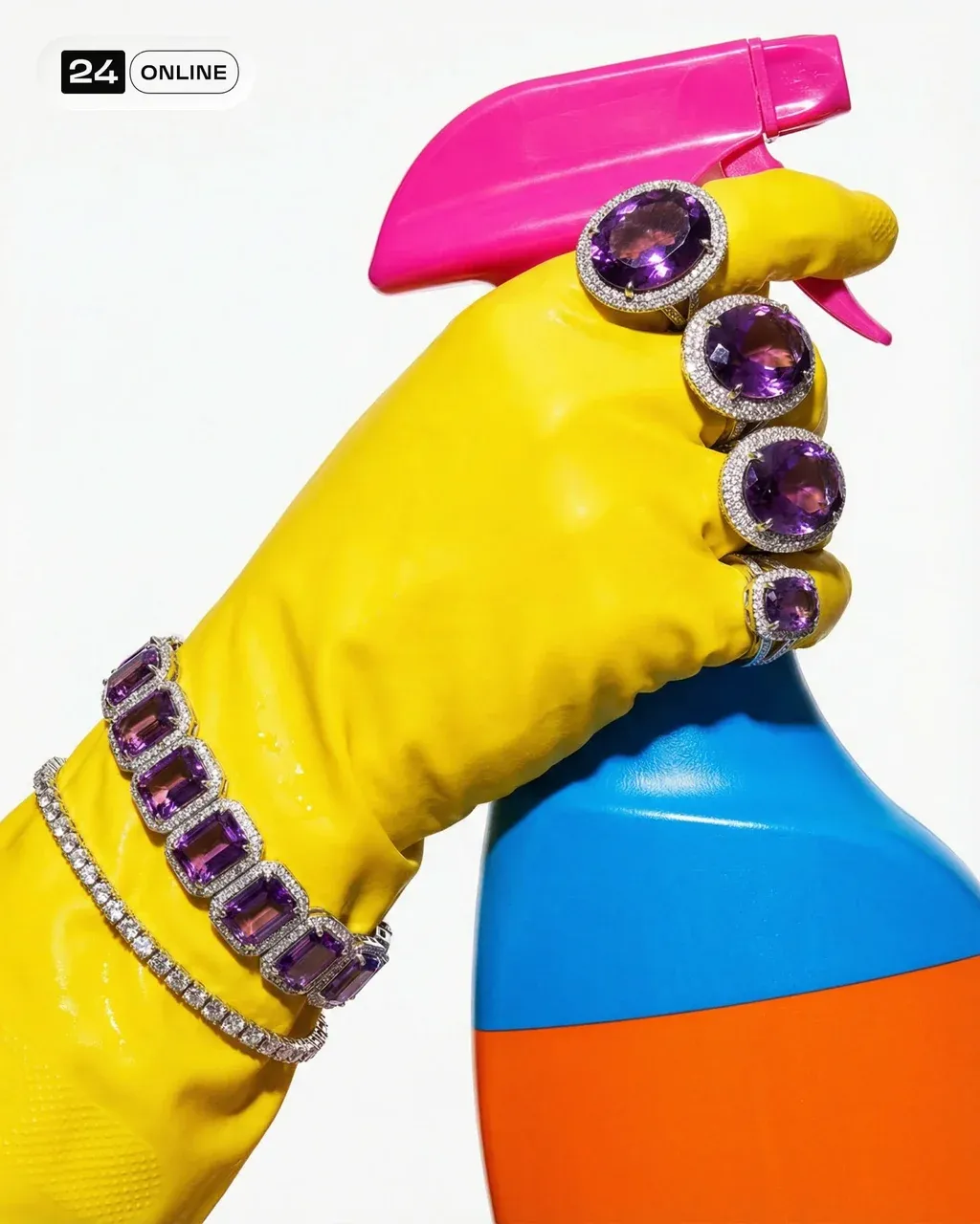 Cyberpunk editorial fashion shot, close-up macro. A hand wearing a