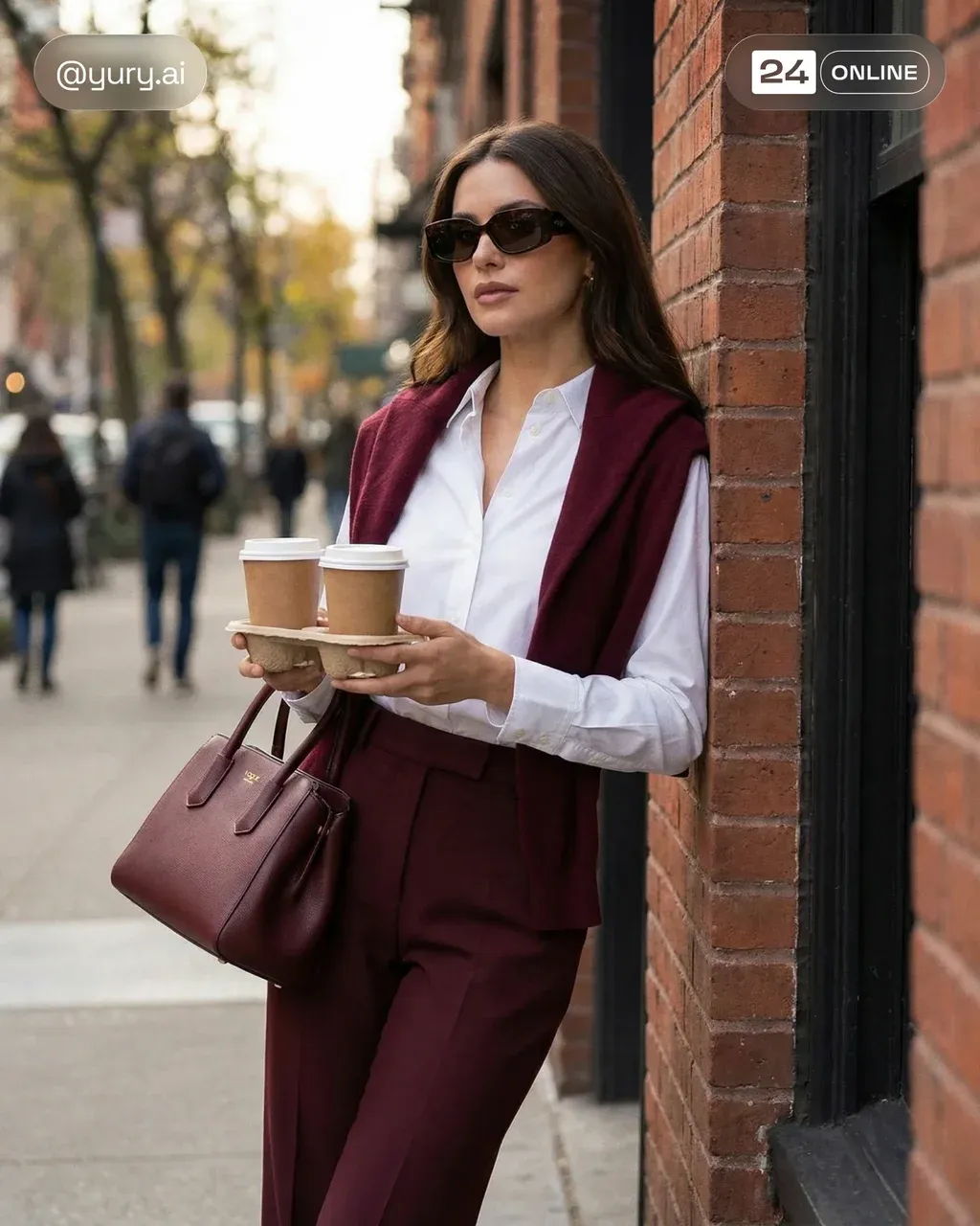 A woman stands on a city street, leaning casually against