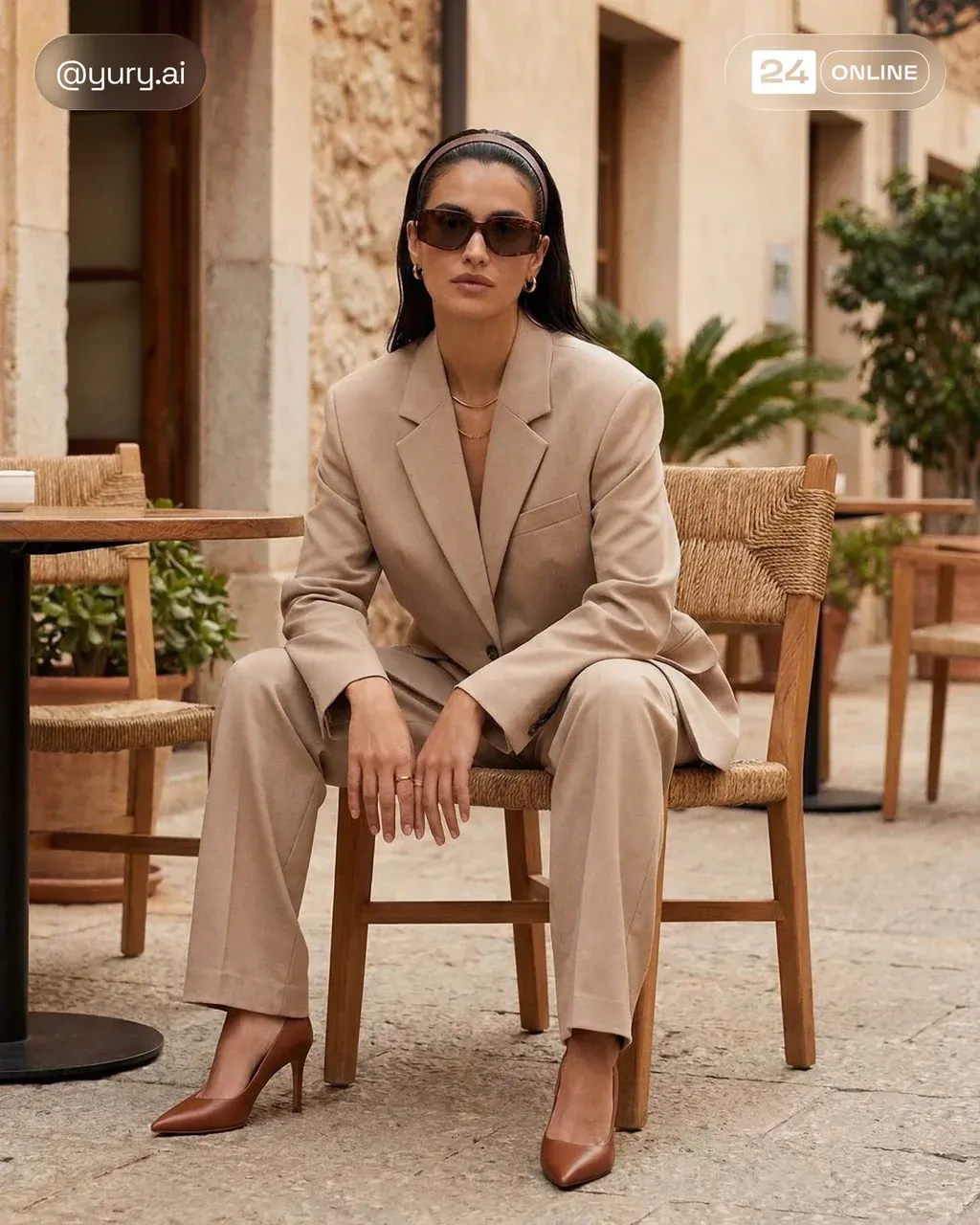 A woman sits outdoors in late-afternoon sunlight, her expression calm