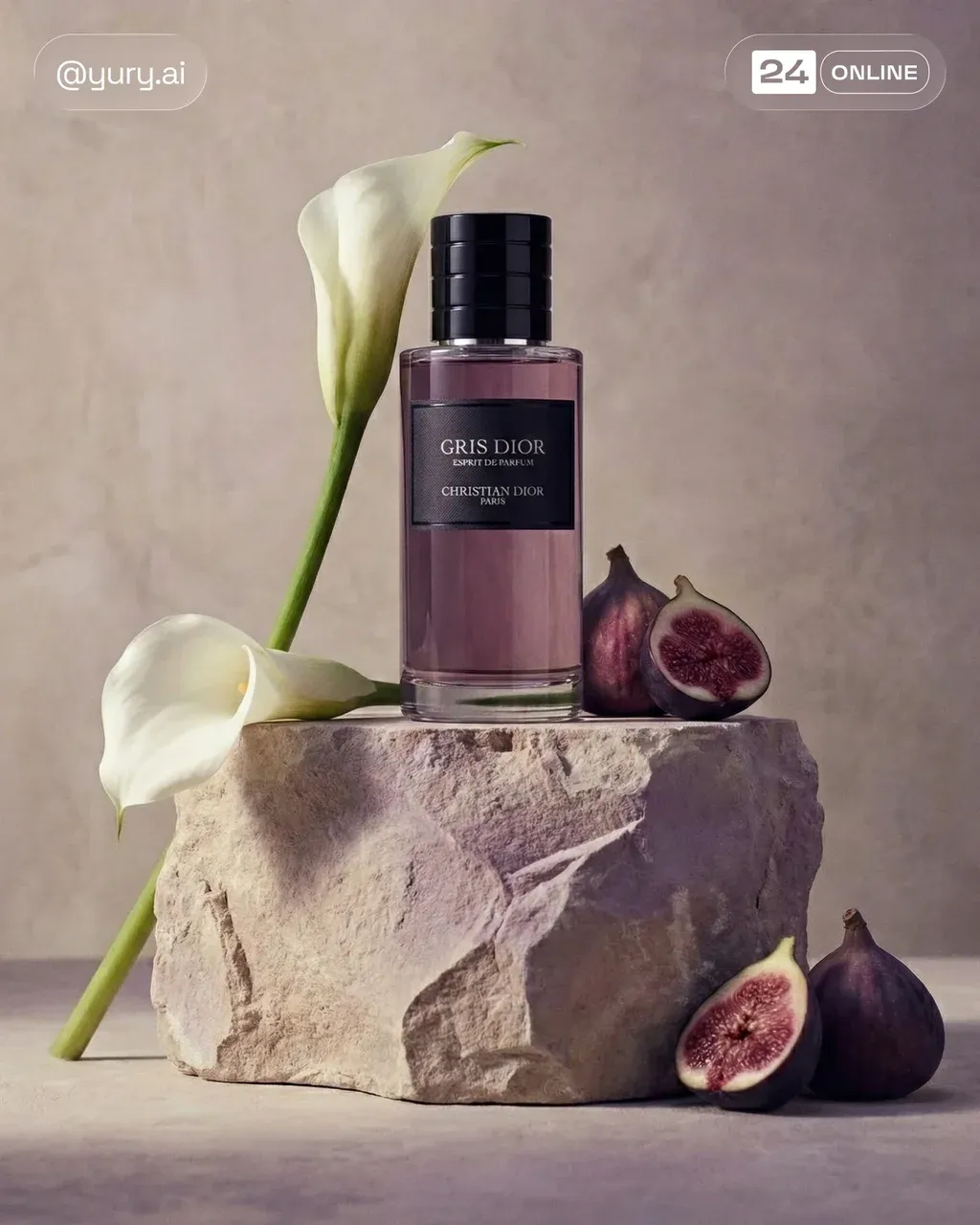 PRODUCT bottle on sculptural stone, calla lily, ripe fig, muted