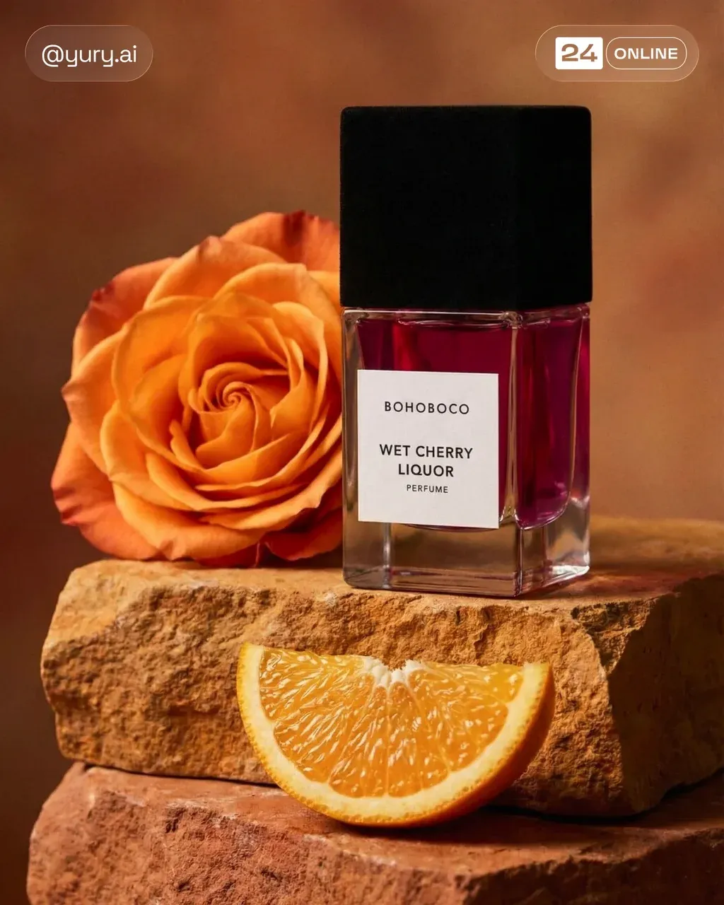 Luxury PRODUCT bottle on raw stone pedestal, orange rose behind,