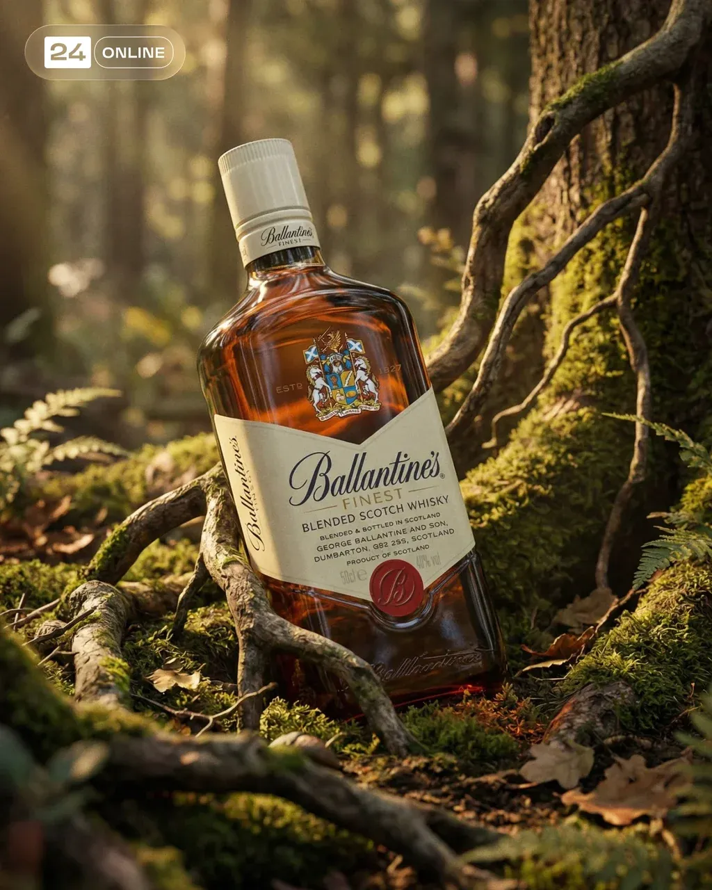 Ultra-realistic cinematic advertising scene featuring a Ballantine’s Blended Sco…