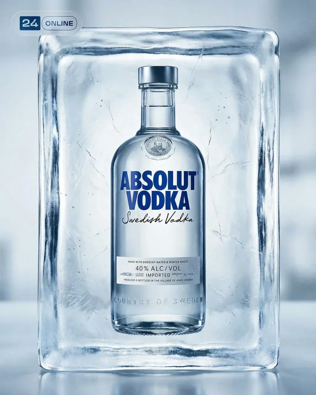 Ultra-realistic high-end advertising photography of an Absolut Vodka bottle enca…