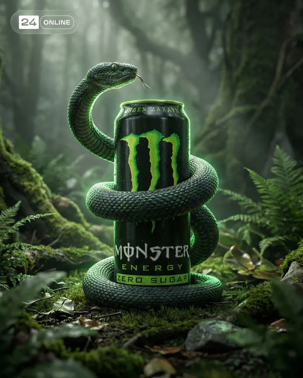 Ultra-realistic cinematic advertising image of a Monster Energy can standing