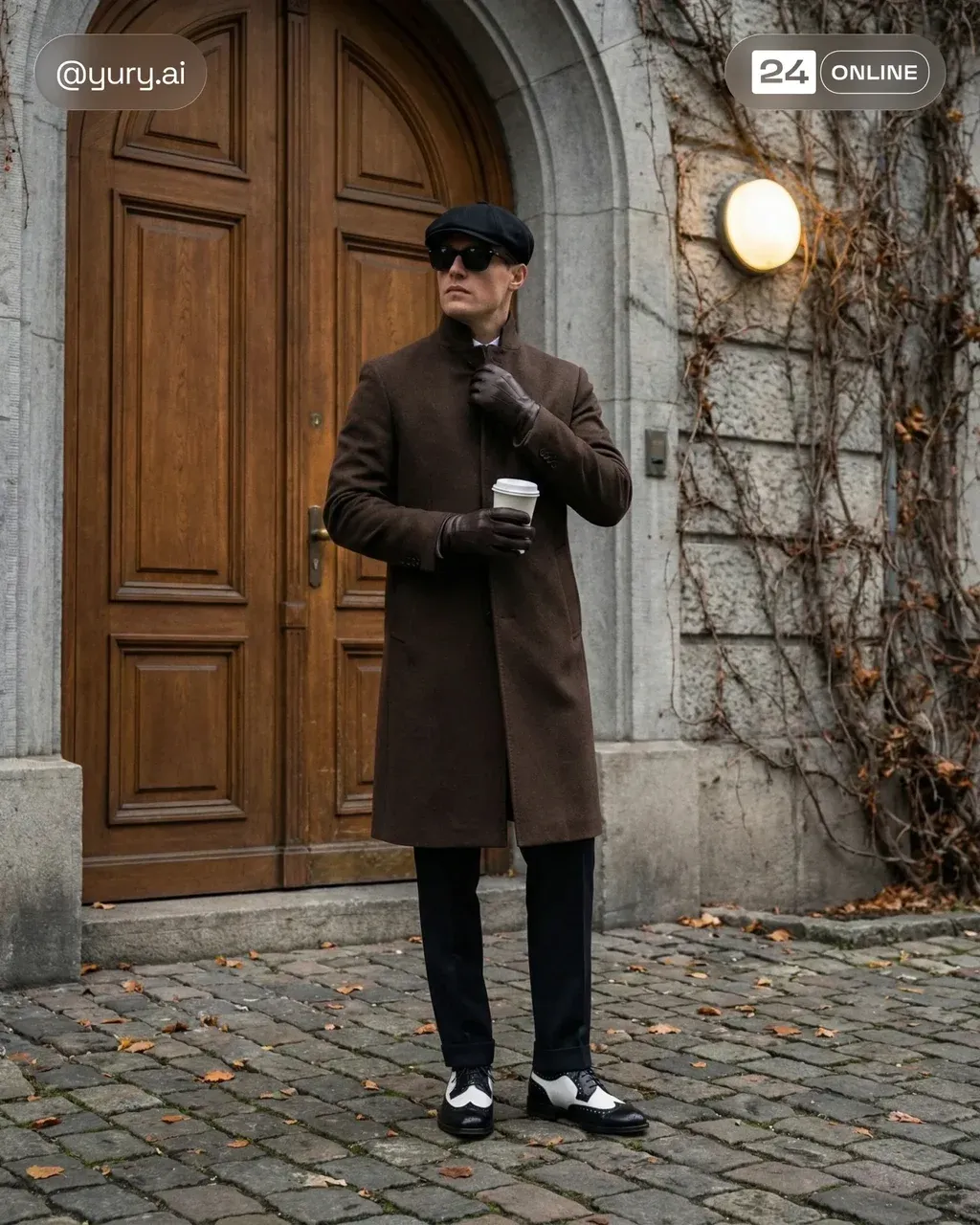 Full-body eye-level shot of a stylish man standing in front