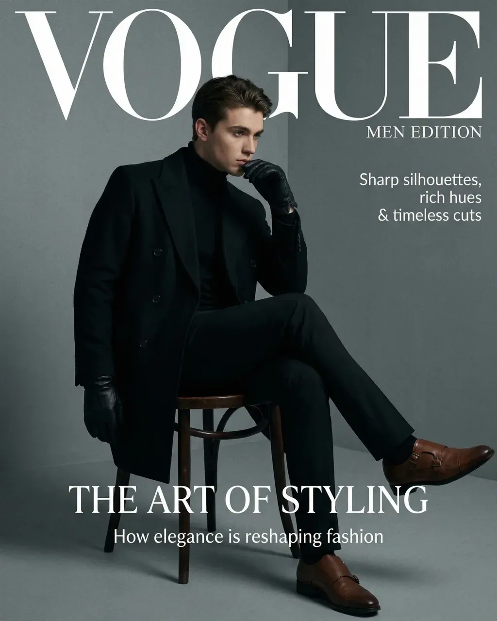 Create a luxurious VOGUE magazine cover featuring a young stylish