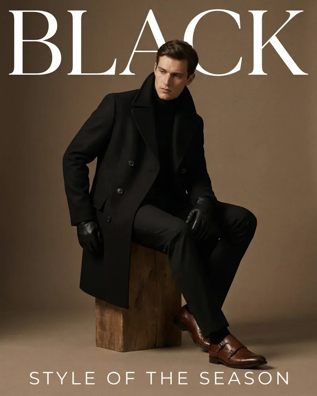 High-end fashion magazine cover featuring a male model sitting on