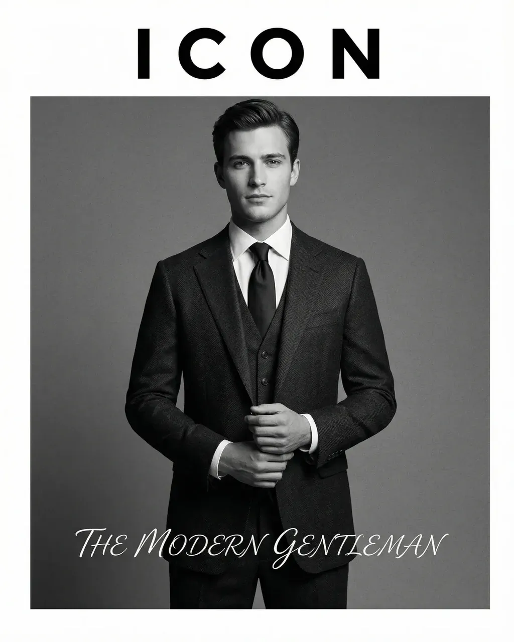 Create a high-end black-and-white fashion magazine cover in the style