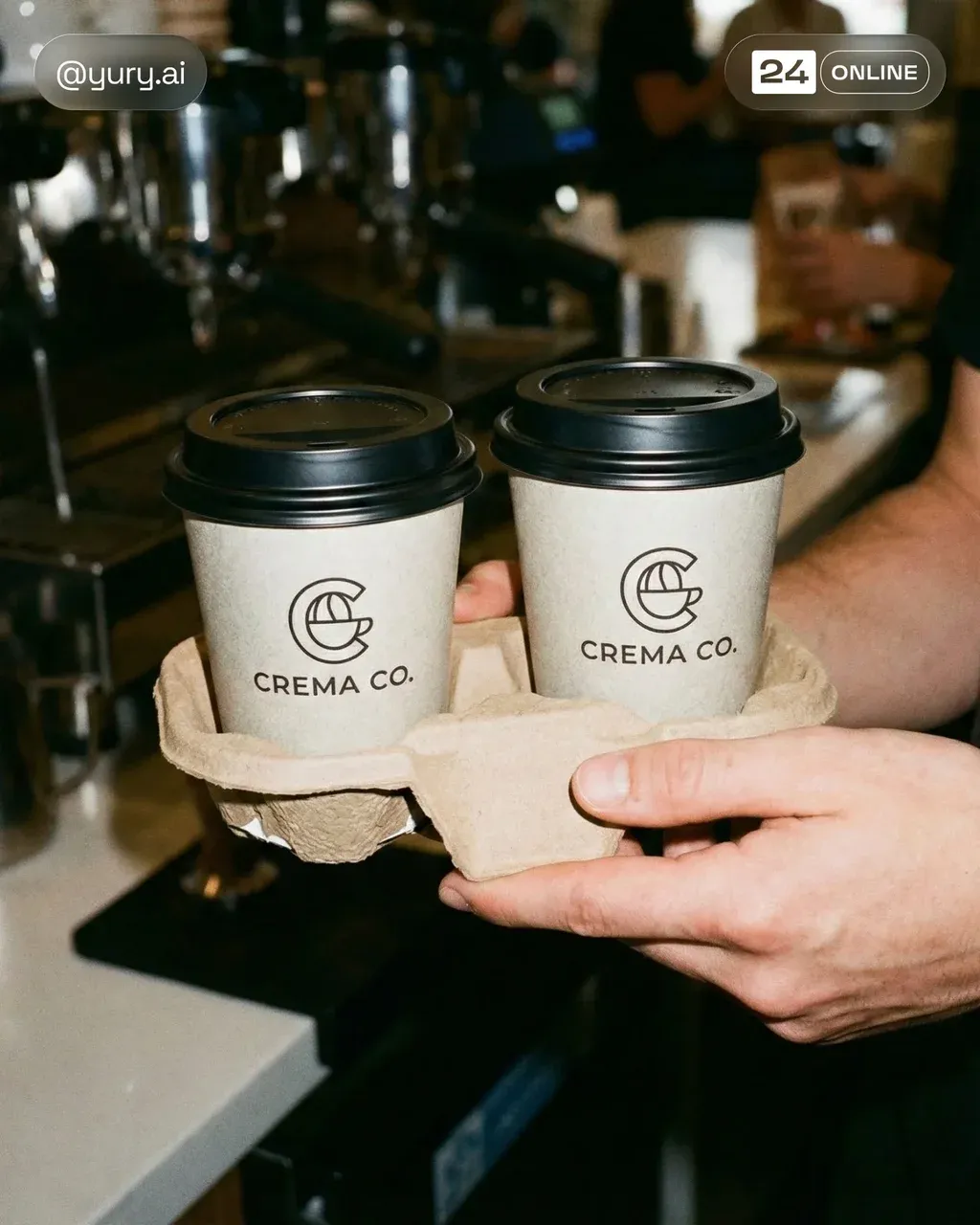 A cardboard cup carrier holds two lidded branded paper cups,