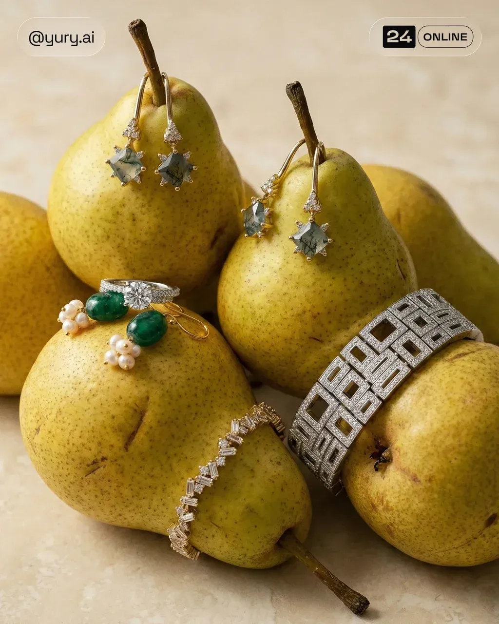 Ultra-realistic cinematic editorial still-life of multiple ripe yellow-green pea…