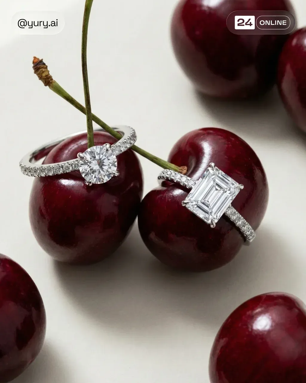 Ultra-realistic editorial still-life photo of ripe dark red cherries with
