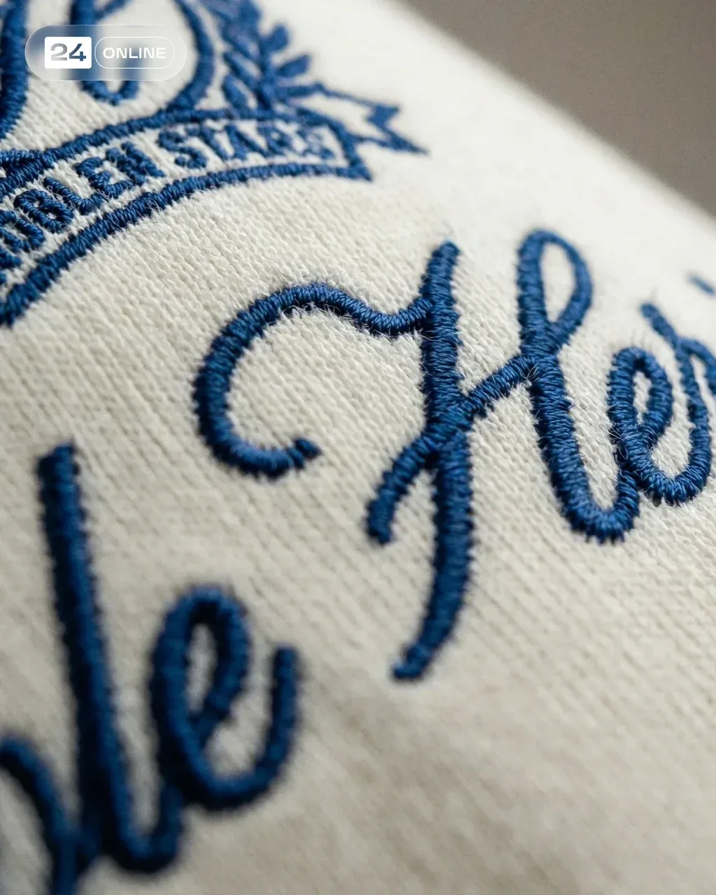 Extreme macro photograph of crisp blue embroidered text on a