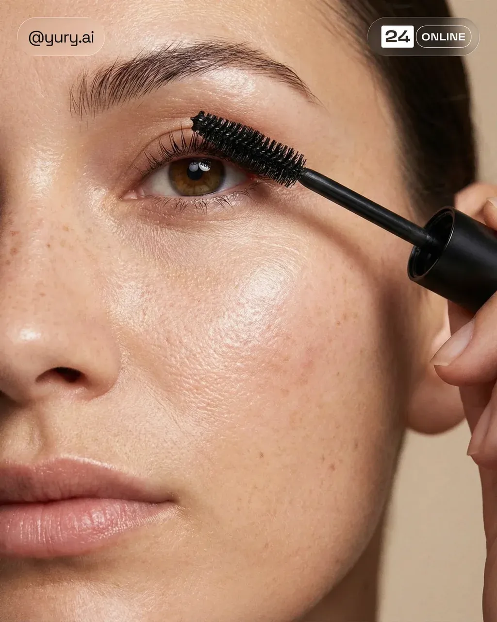 Ultra-close-up beauty portrait of a model applying PRODUCT to her