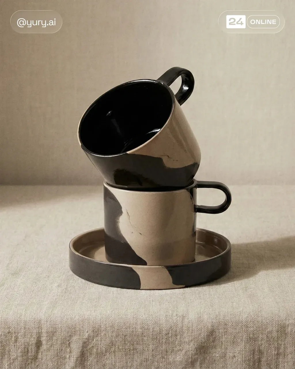 High-end editorial product photo of two PRODUCT , stacked asymmetrically,
