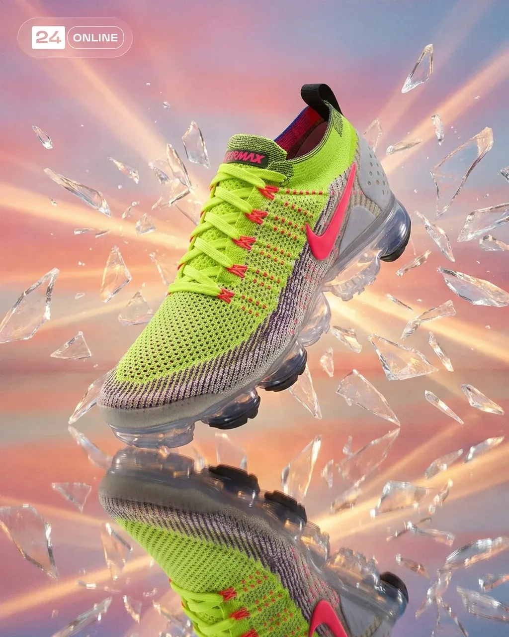 A PRODUCT suspended in mid-air amidst shattered glass shards and