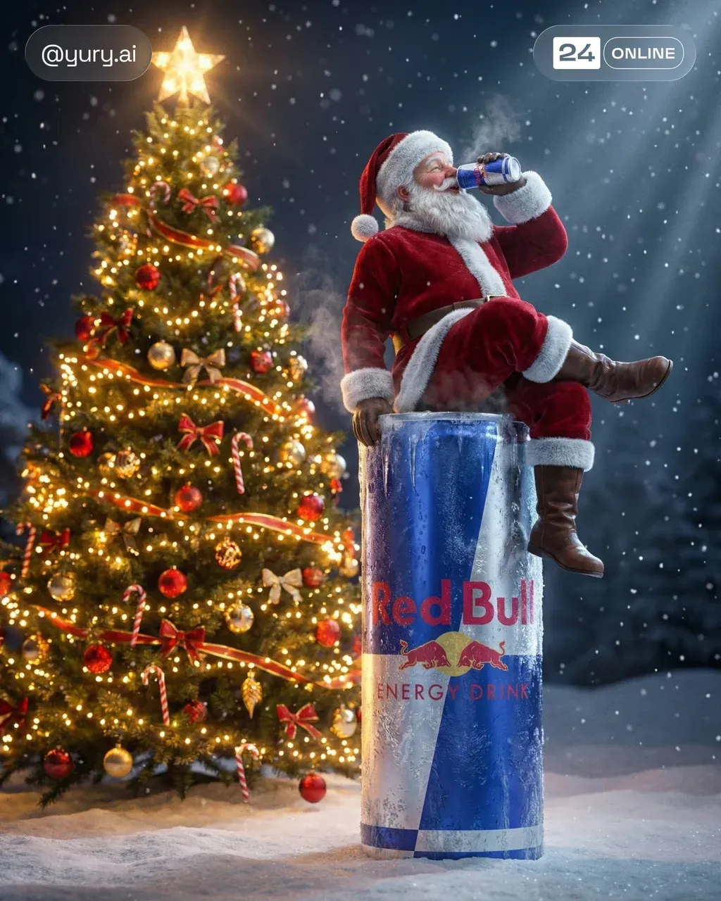 A hyper-realistic, cinematic Christmas night scene. A giant PRODUCT can,
