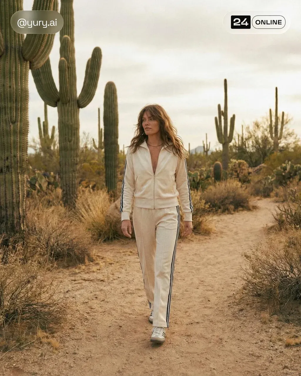 Fashion editorial, relaxed woman walking through sandy desert path, PRODUCT