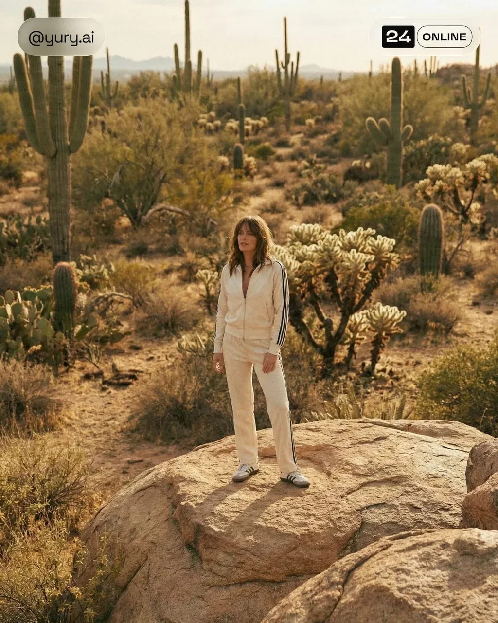 Editorial fashion photography, wide shot of a woman standing on