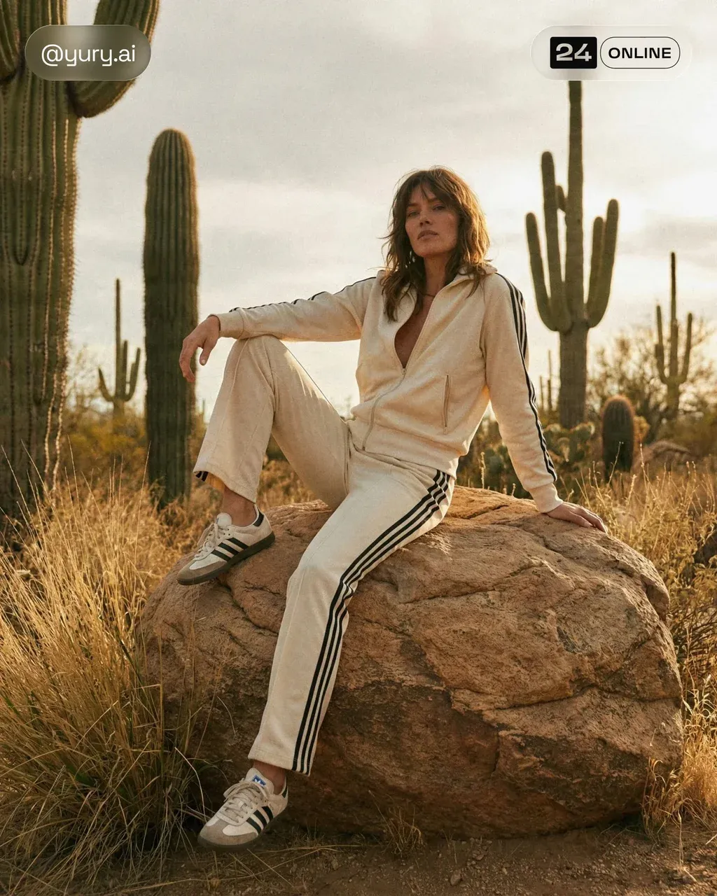Editorial fashion shoot, woman sitting on large desert rock, surrounded