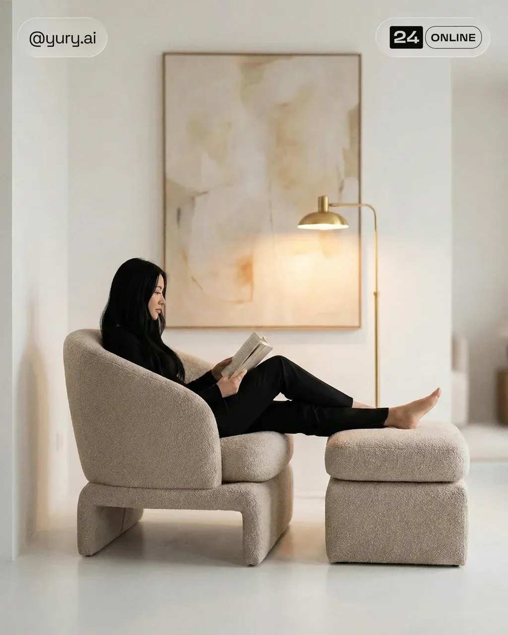 A minimalist interior scene with a clean white background. In
