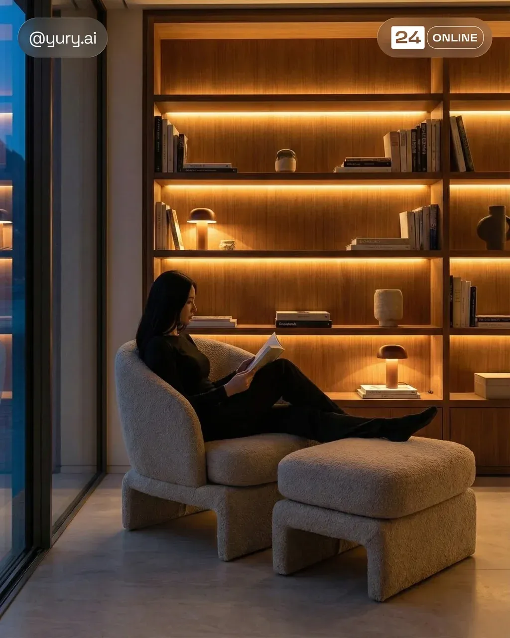 A cozy evening living room with a large built-in wooden