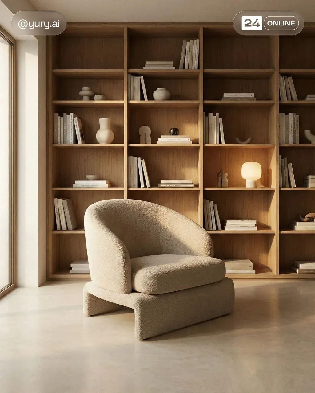 A luxurious living room interior with a large built-in wooden
