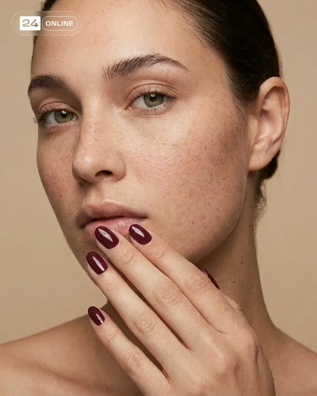 Minimal editorial beauty portrait of the woman model showing COLOUR