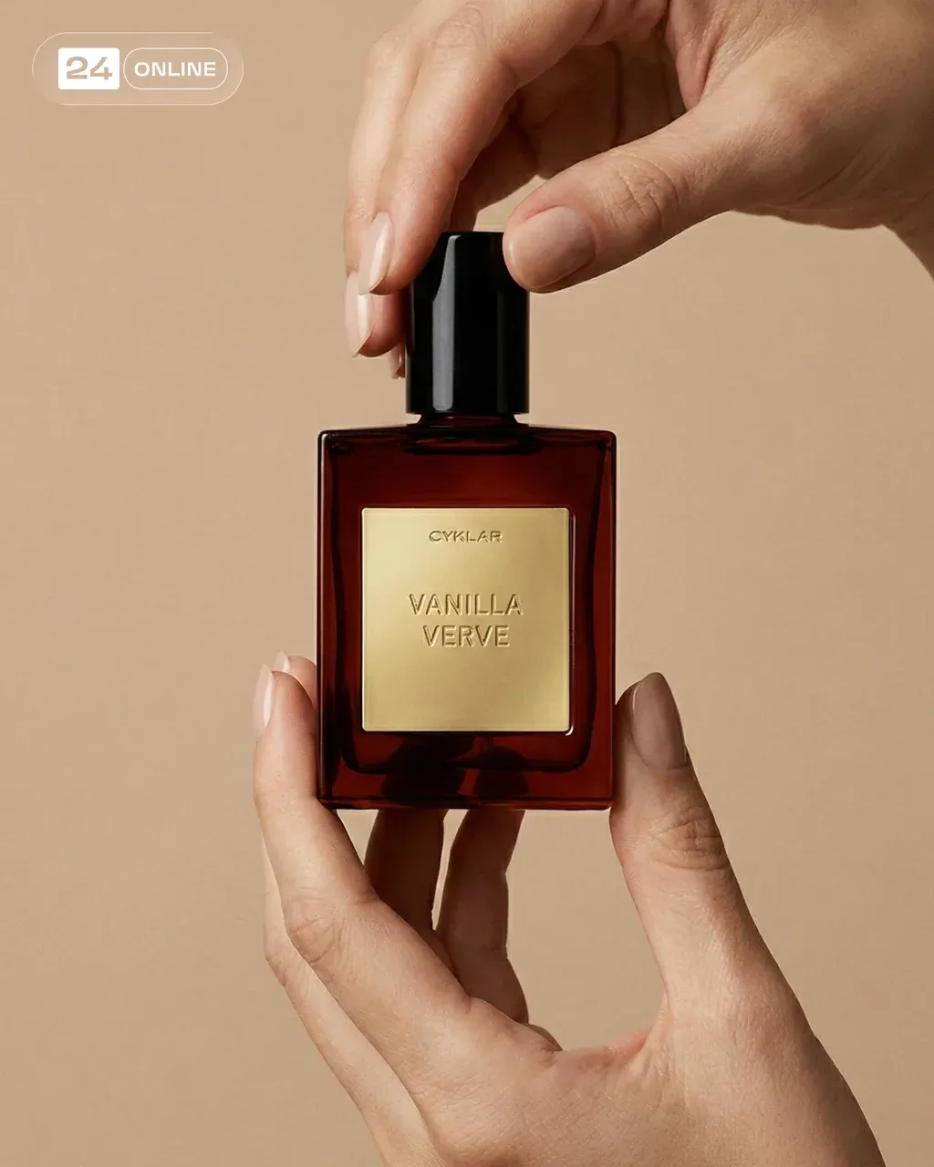 Minimalist luxury skincare product photography of two elegant hands holding