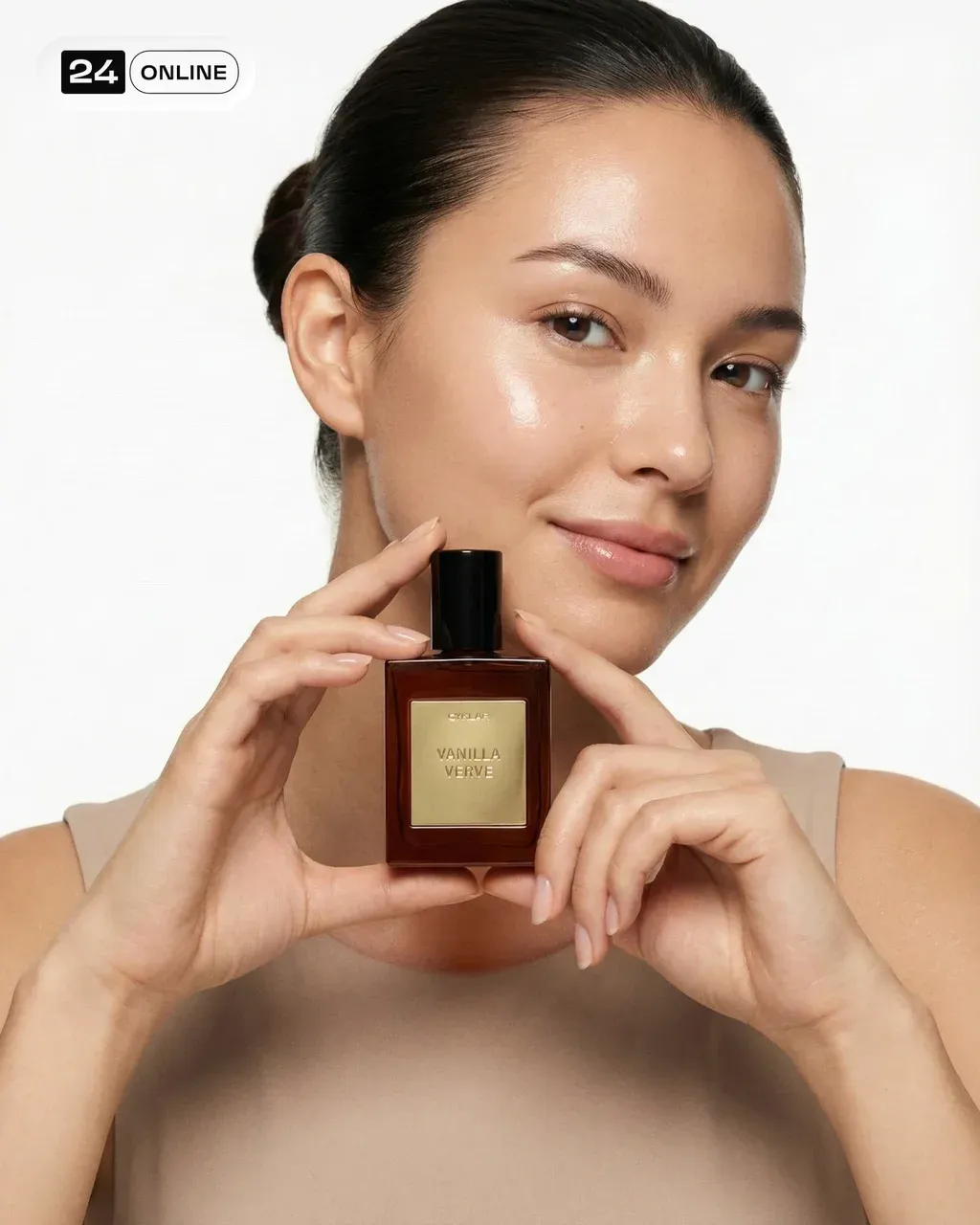 Ultra-clean high-end skincare advertisement portrait of a young female model