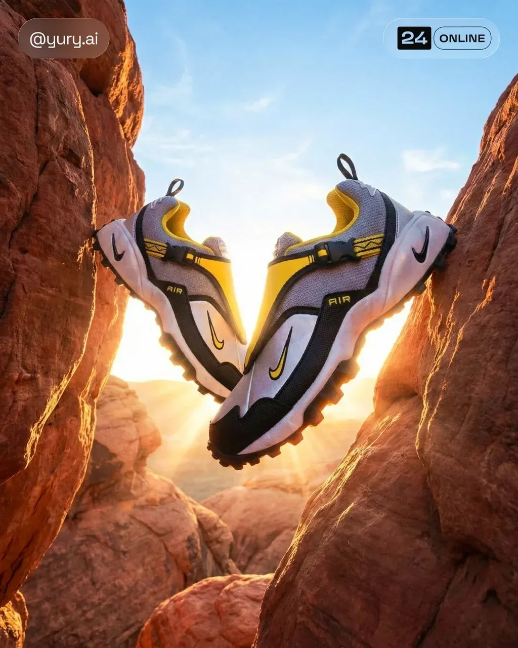 A hyper-realistic product photography shot of PRODUCT sneakers floating weightle…