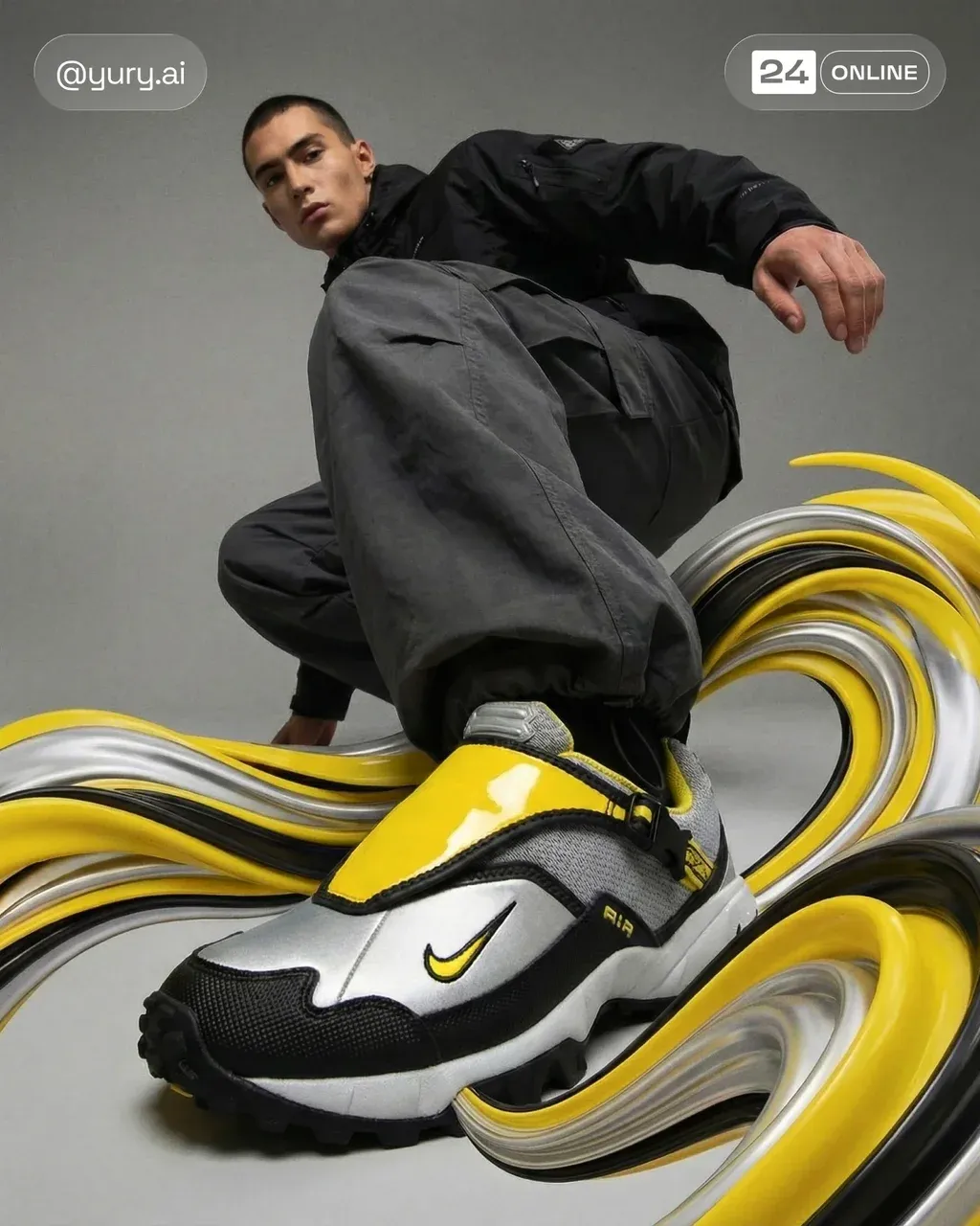 A futuristic streetwear product photoshoot in bold editorial style, dynamic