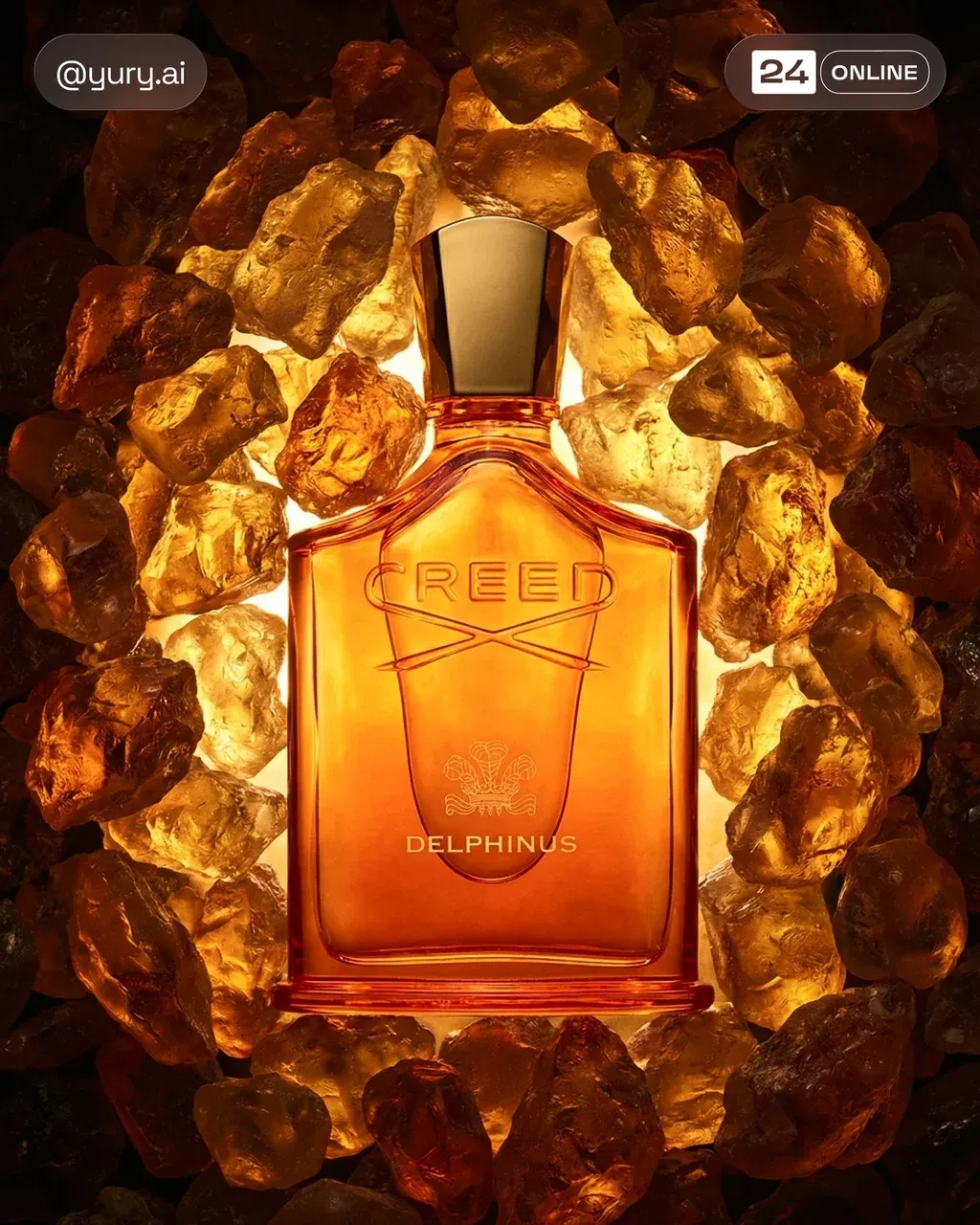 Dramatic product photography of Creed Delphinus Eau de Parfum standing