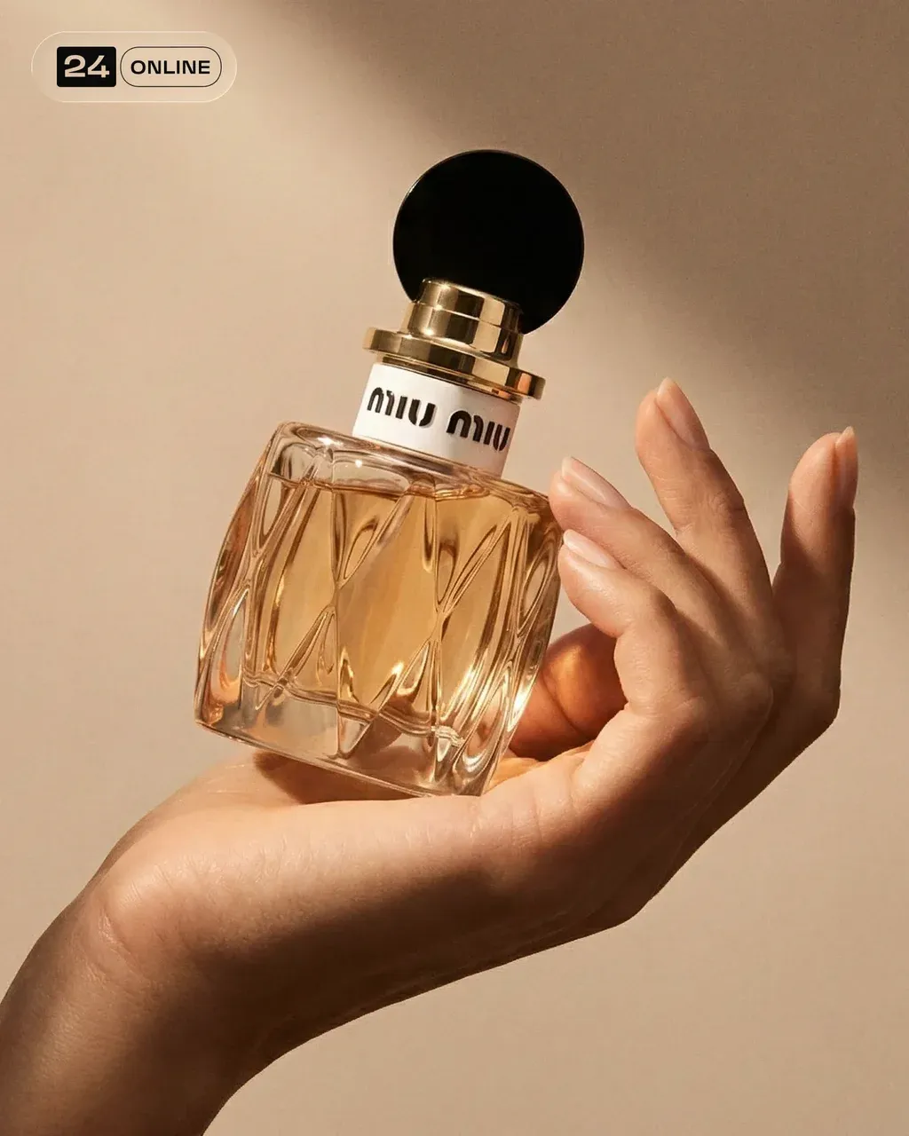 A luxury editorial photo of a PRODUCT bottle gently held